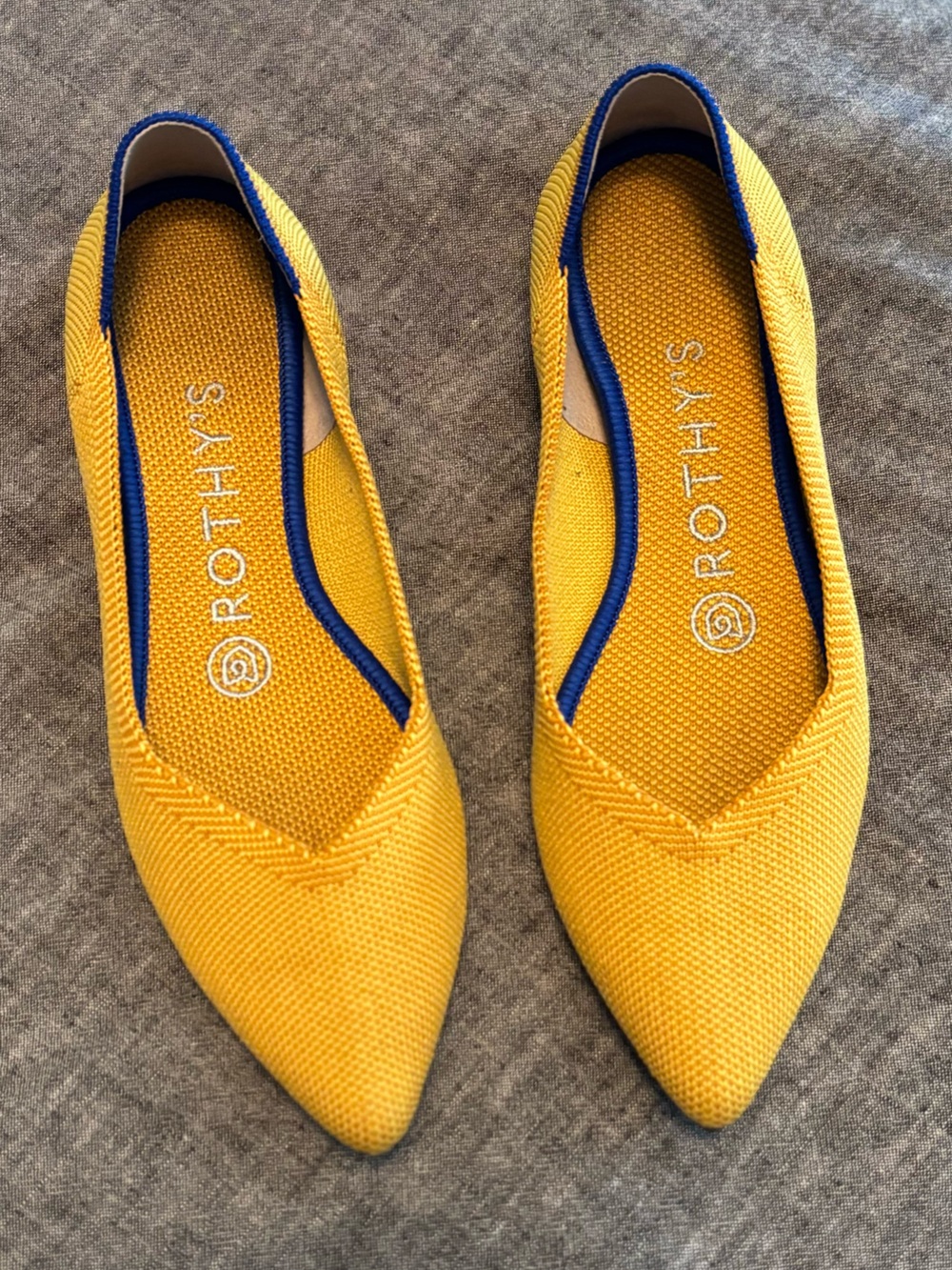 Rothy's Yellow Pointed Knit Flats with Blue Trim